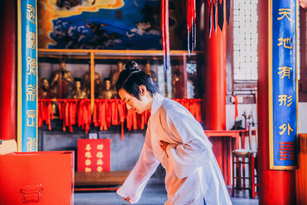 A worshipper is engaged in worship