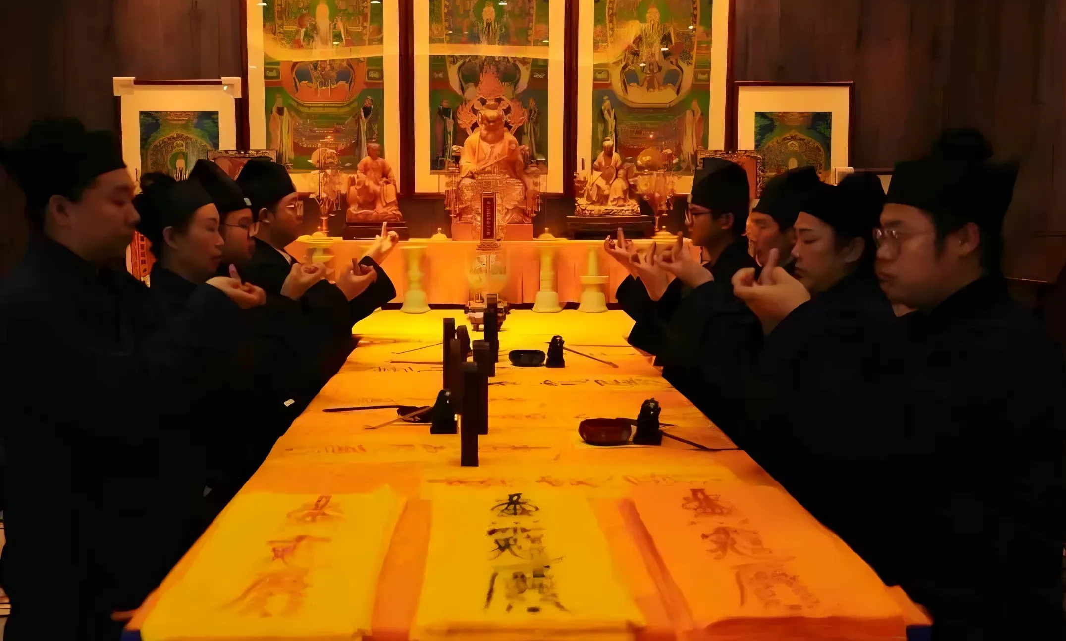 A group of Taoist priests are performing a ritual and drawing talismans.