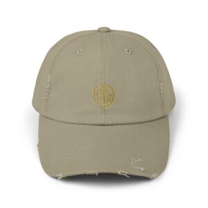 Unisex Distressed Cap Featuring Taoist Golden Light Mantra - Light Olive, One size